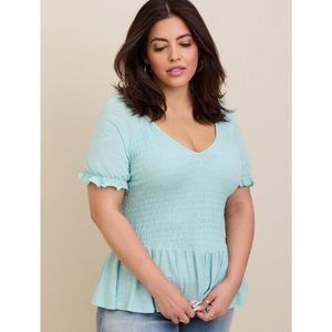 Torrid Slub Smocked Short Sleeve Cotton Modal Babydoll Top in Canal Blue Size 3X